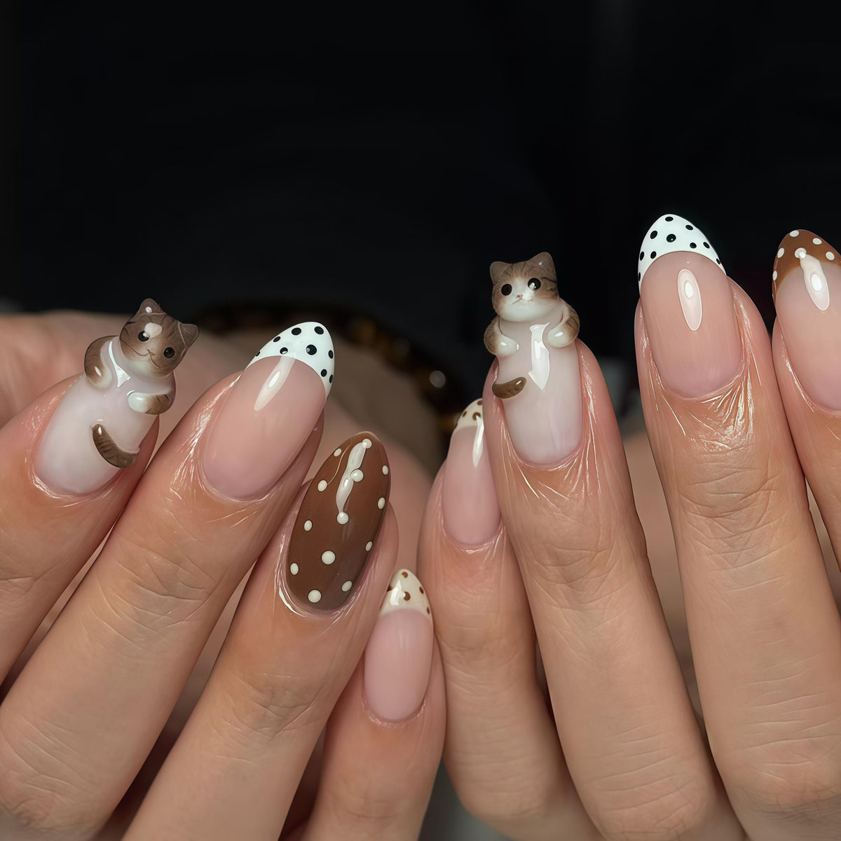 Pink Nude Cat Nails with Brown and White Polka Dots and 3D Kitten Details