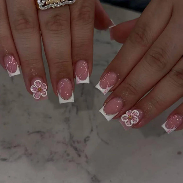 Pink Nude French Tip Press On Nails With White Flowers and Yellow Centers