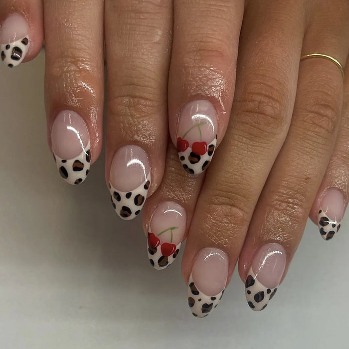 Pink Nude French Tip Press On Nails with Leopard Spots and Cherry Accents