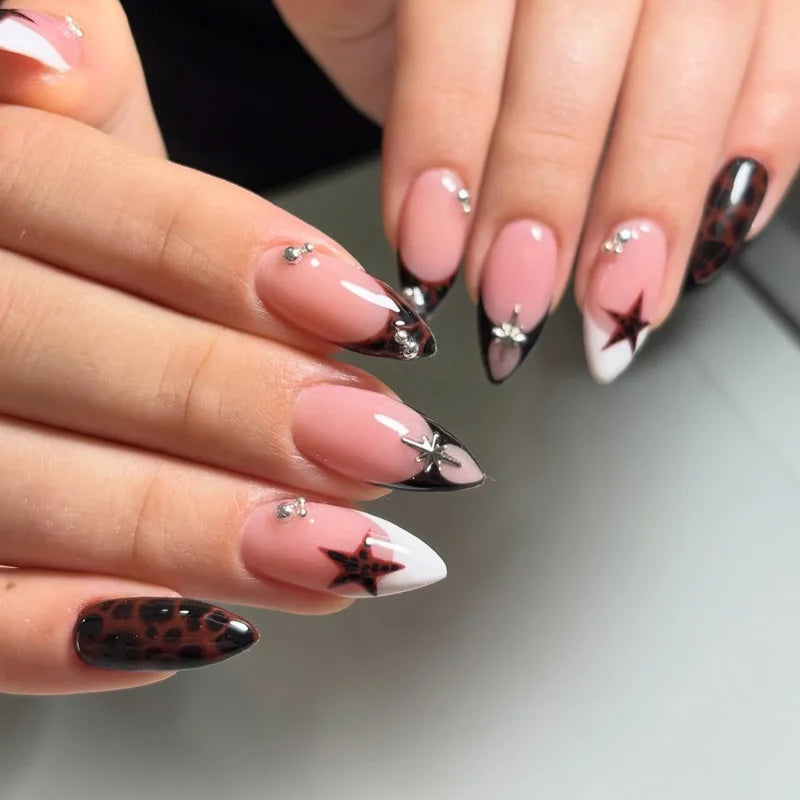 Pink Nude Leopard French Tip Nails With Stars and Rhinestones