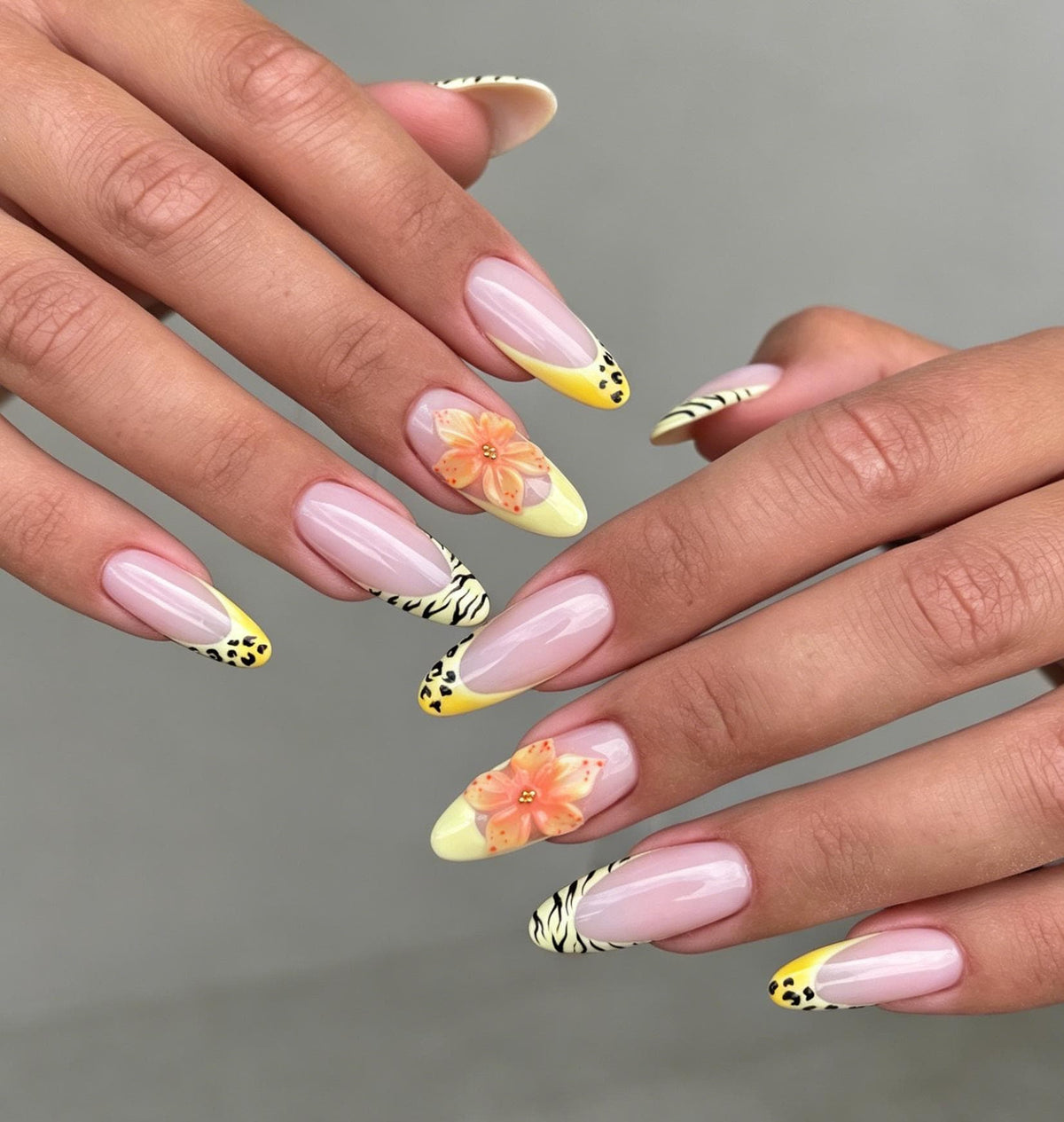 Pink Nude Nails With Yellow Tips, Animal Print Accents and Peach Flowers