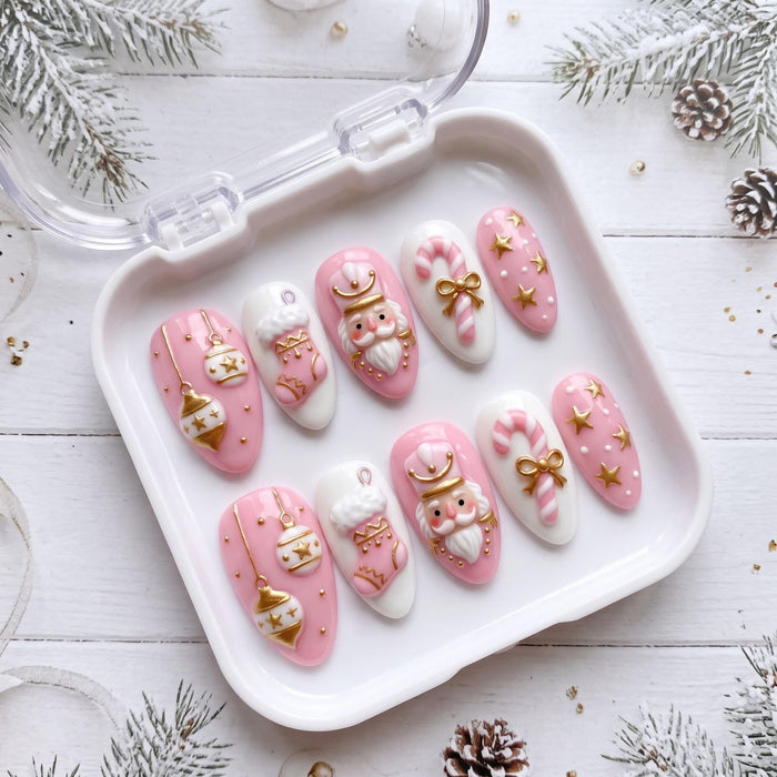 Pink Nutcracker Christmas Press On Nails With Candy Canes, Bows and Gold Accents