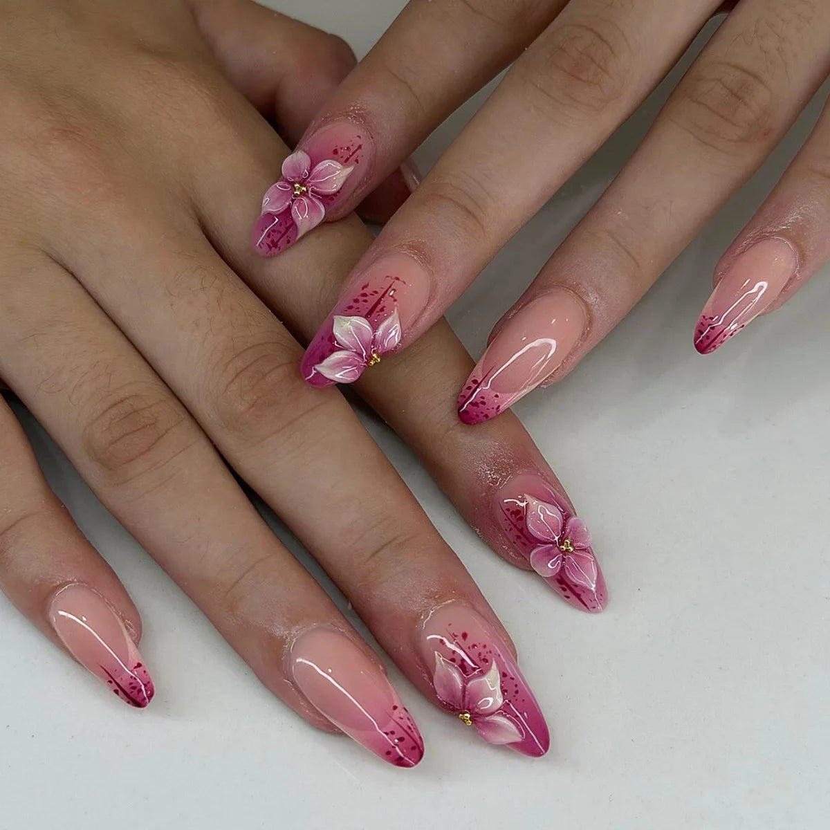 Pink Ombre 3D Flower Press On Nails