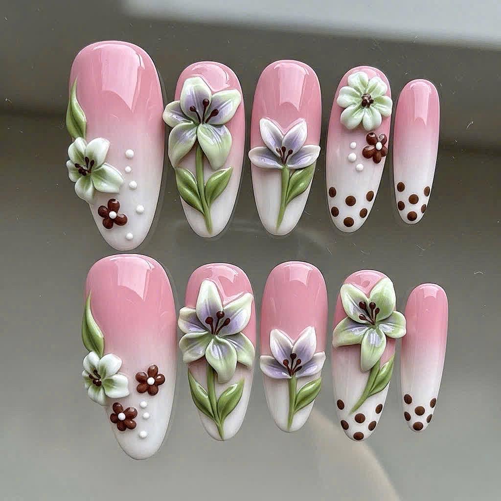 Pink Ombre 3D Flower Press On Nails with Green Leaves and Brown Dot Accents for Spring