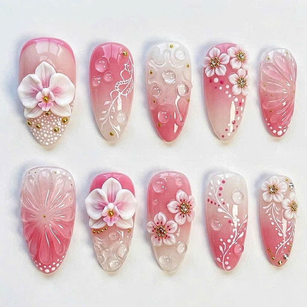 Pink Ombré Floral Press-On Nail Set With 3D Flowers, Dewdrop Details and Gold Studs
