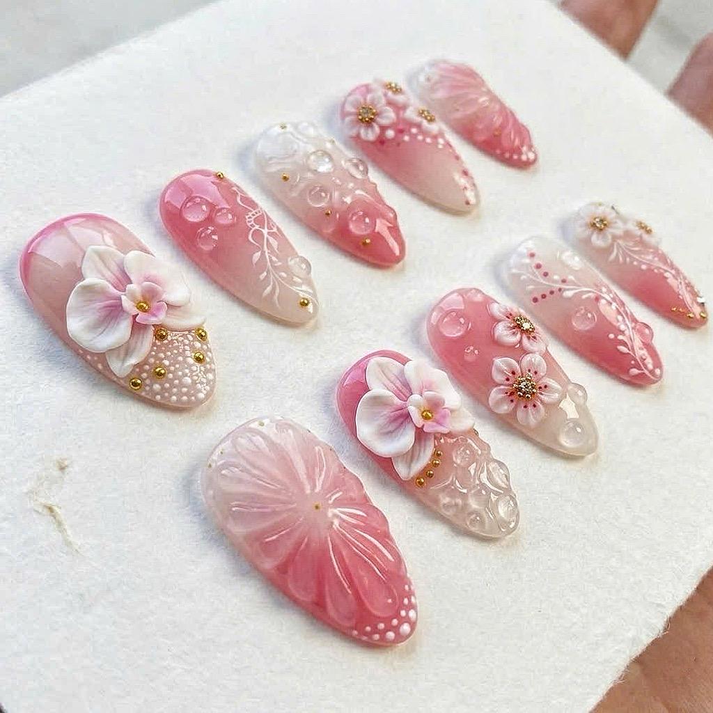 Pink Ombré Floral Press-On Nail Set With 3D Flowers, Dewdrop Details and Gold Studs