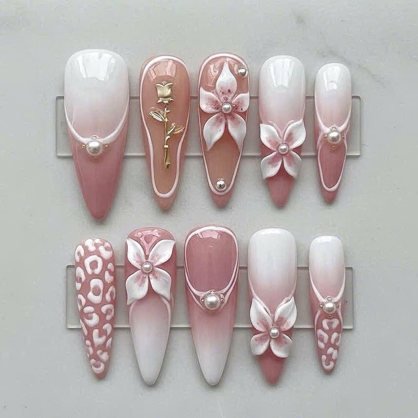 Pink Ombre Floral Press-On Nails with 3D Flowers and Pearls
