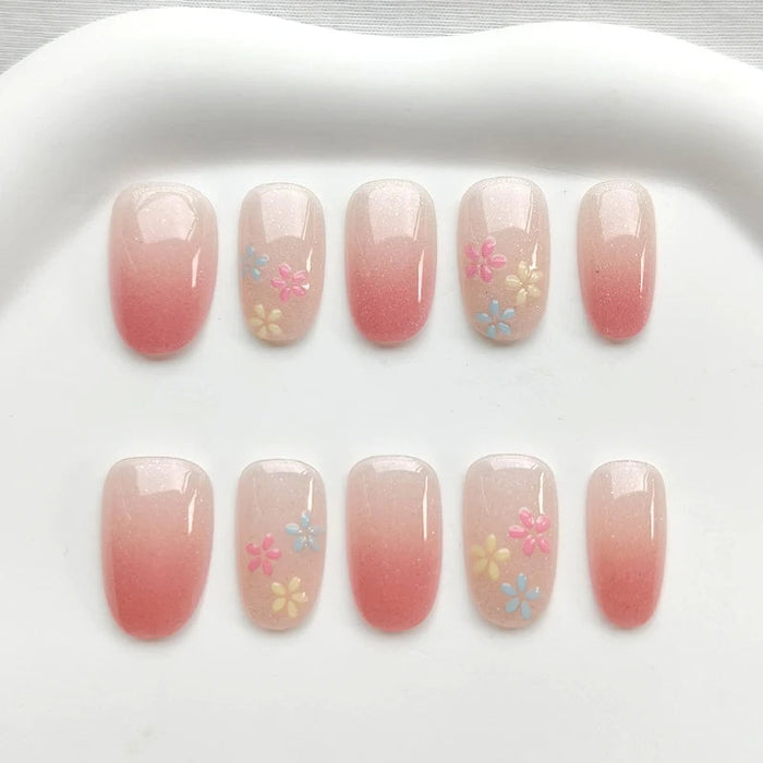 Pink Ombre Flower Press-On Nails With Shimmer