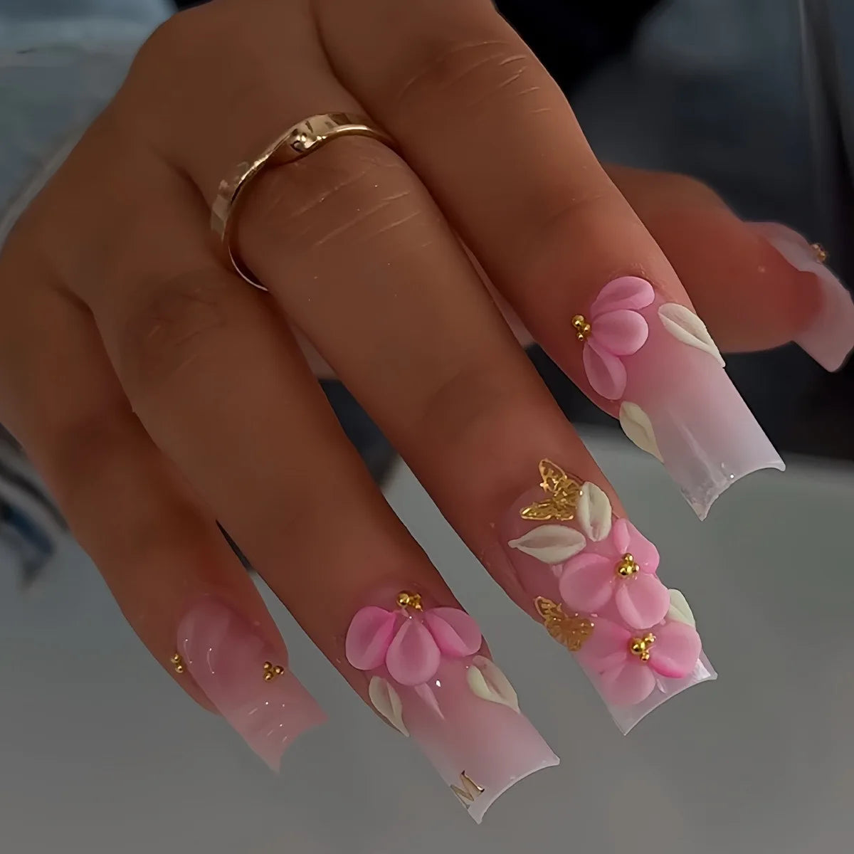 Pink Ombre Press On Nails with 3D Flowers and Gold-Tone Accents