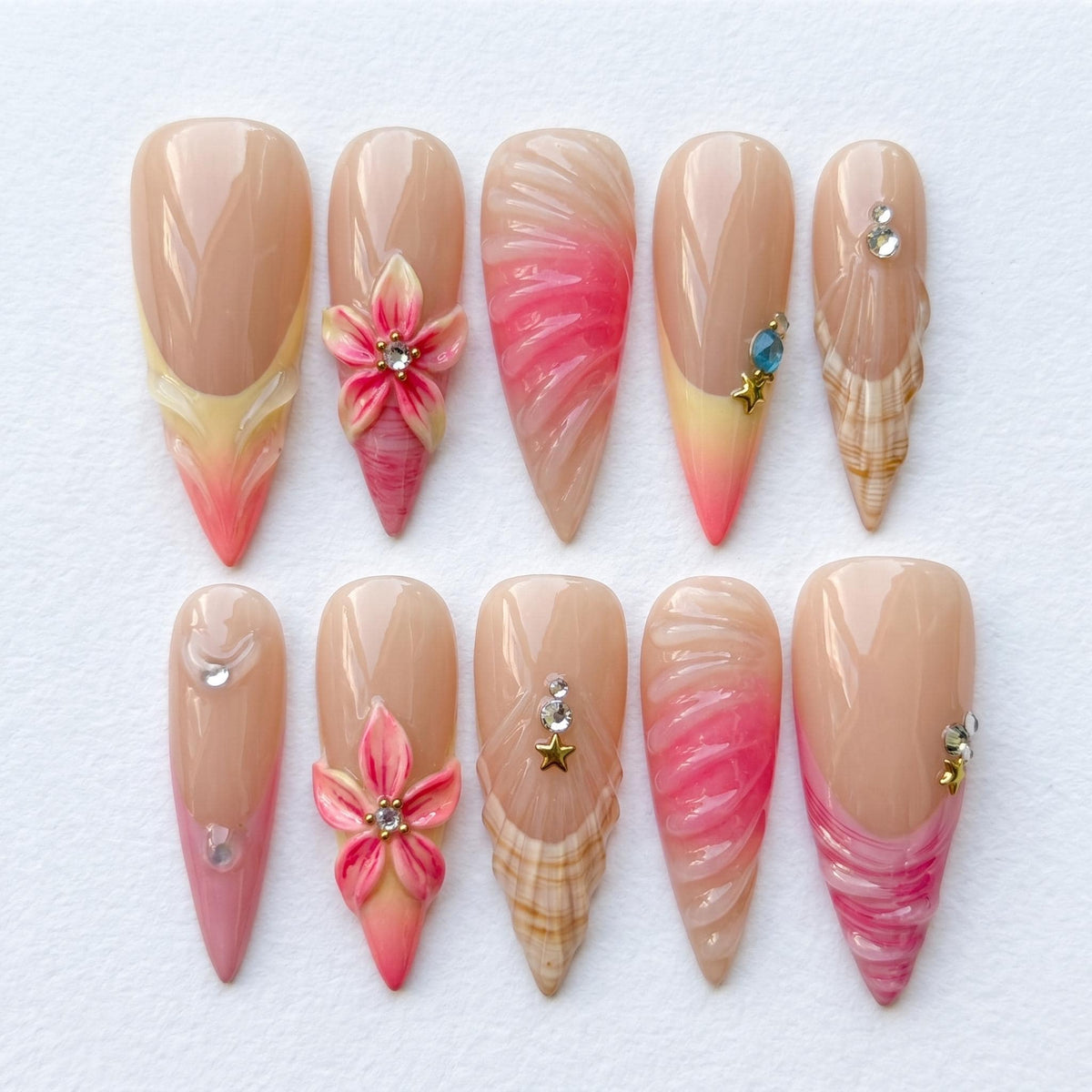 Pink Ombré Tropical Beach Press-On Nails With 3D Flowers and Shell Details