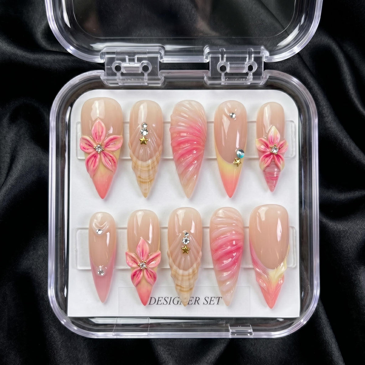 Pink Ombré Tropical Beach Press-On Nails With 3D Flowers and Shell Details