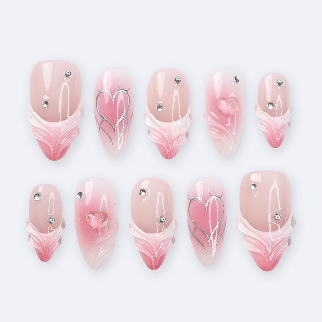 Pink Ombre Valentine Press-On Nails with Sculpted Heart Details