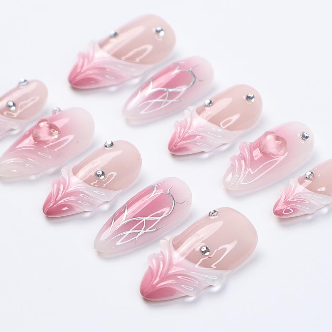 Pink Ombre Valentine Press-On Nails with Sculpted Heart Details