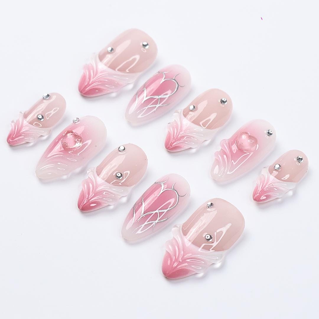 Pink Ombre Valentine Press-On Nails with Sculpted Heart Details