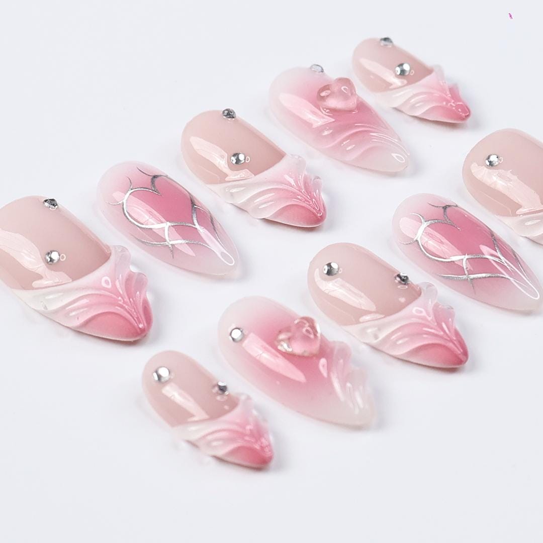 Pink Ombre Valentine Press-On Nails with Sculpted Heart Details