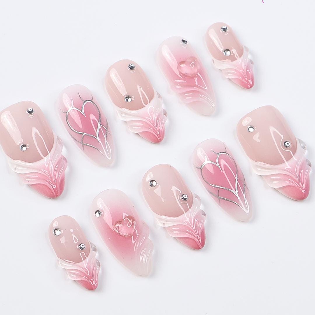 Pink Ombre Valentine Press-On Nails with Sculpted Heart Details