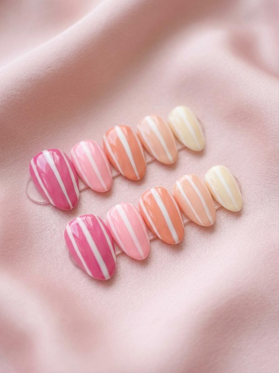 Pink, Orange, and Yellow Gradient Nails with White Wavy Stripes