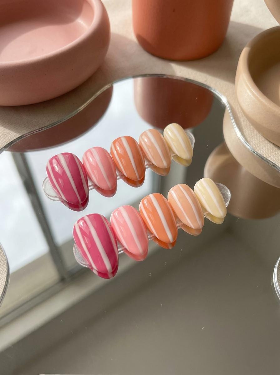 Pink, Orange, and Yellow Gradient Nails with White Wavy Stripes