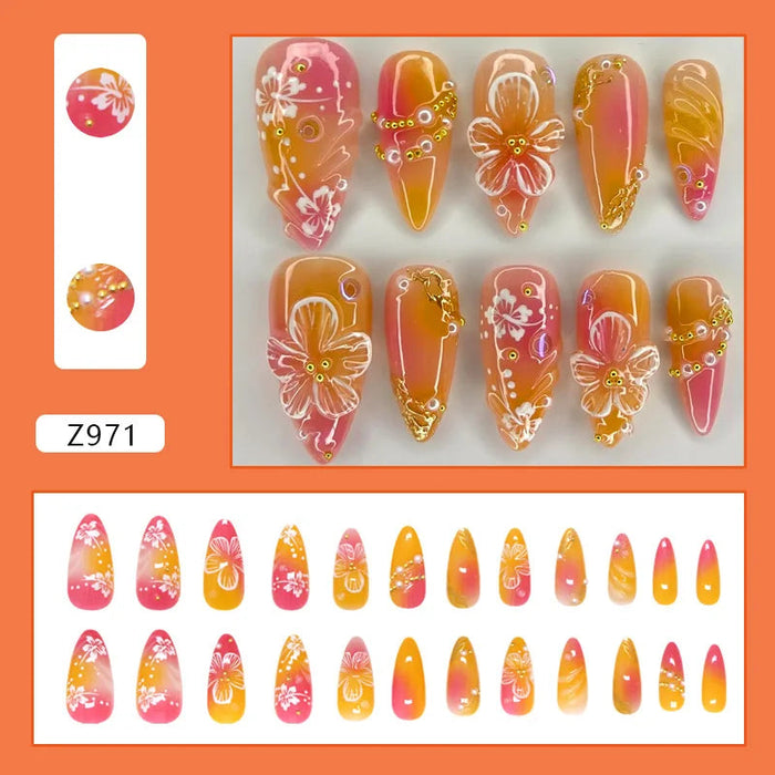 Pink Orange Yellow Ombré Floral Press On Nails with Gold Accents and Rhinestones