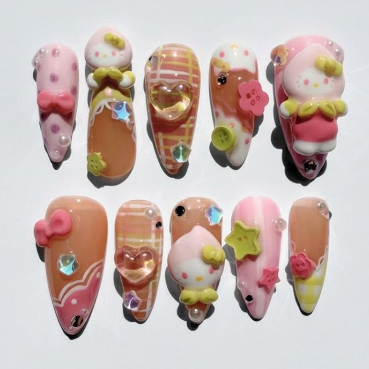 Pink Peach Character Nail Set With Plaid, Bows, Flowers and 3D Charms