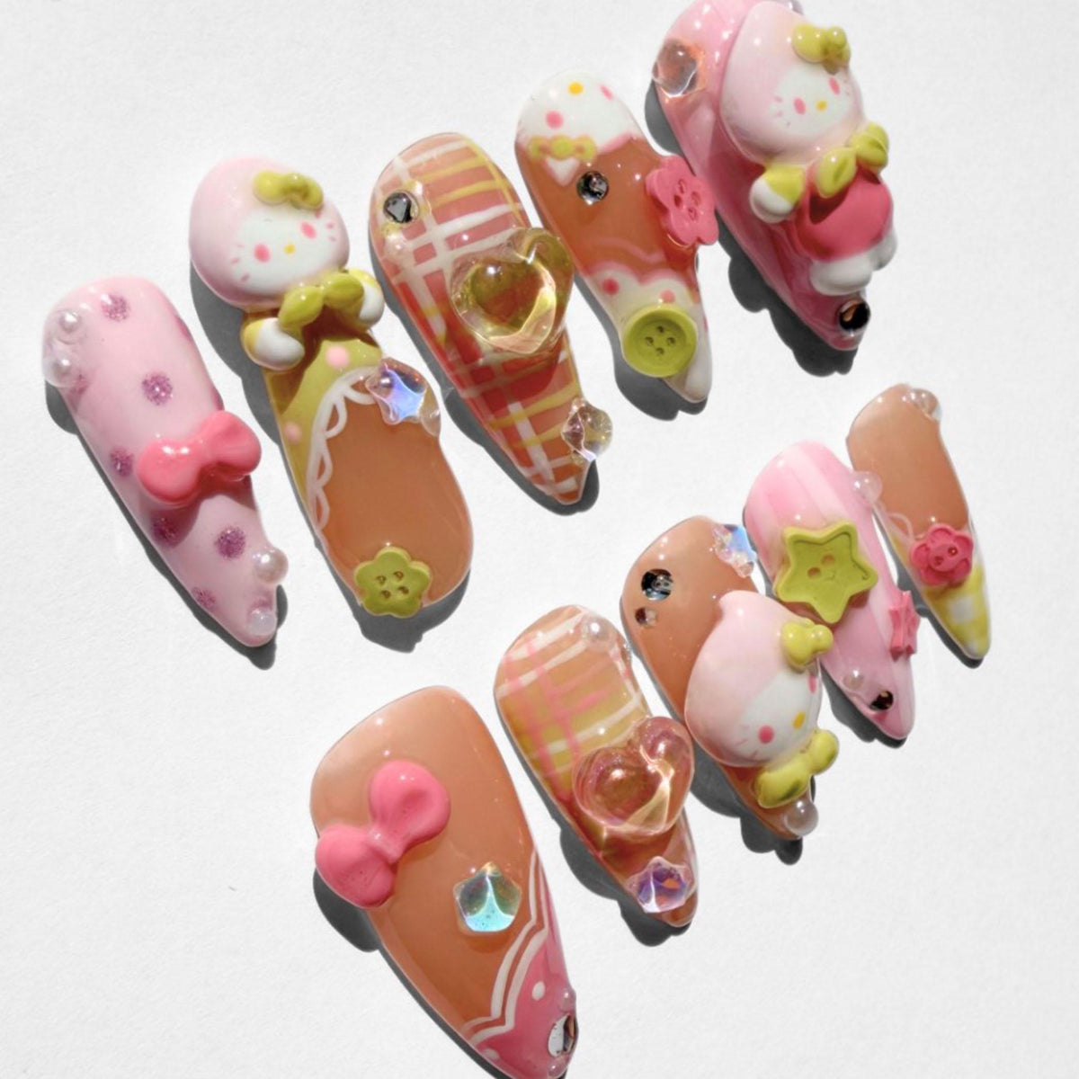 Pink Peach Character Nail Set With Plaid, Bows, Flowers and 3D Charms
