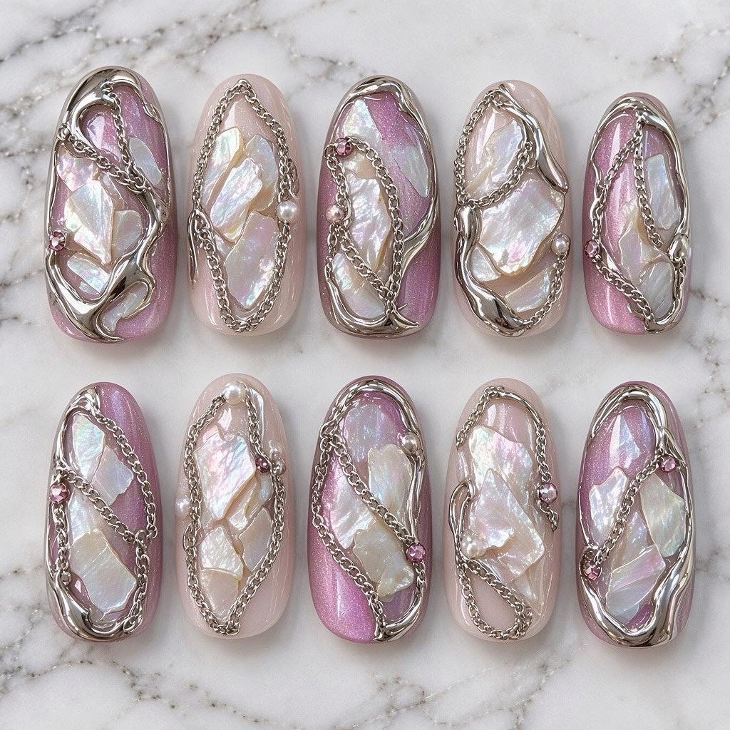 Pink Pearl Chrome Nails With Iridescent Shell Inlays and Silver Chain Details, Y2K Nail Set