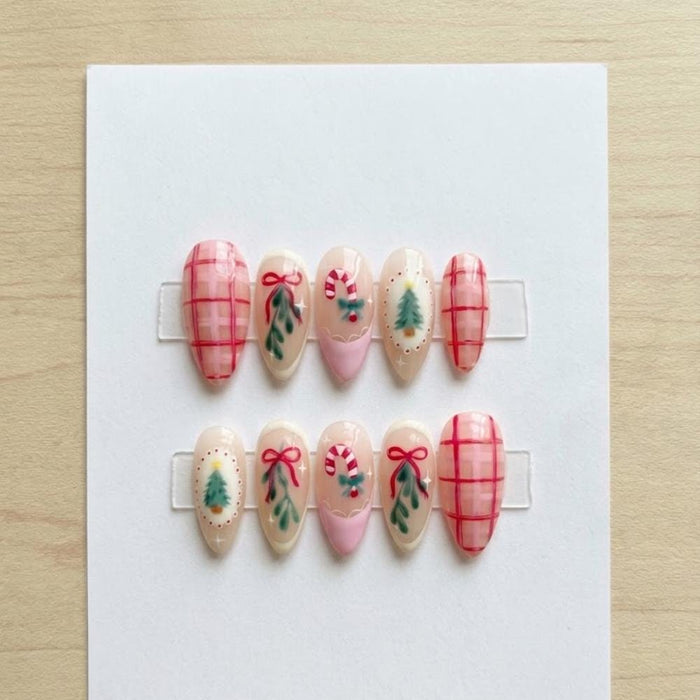 Pink Plaid Christmas Press On Nails With Candy Canes, Bows & Trees