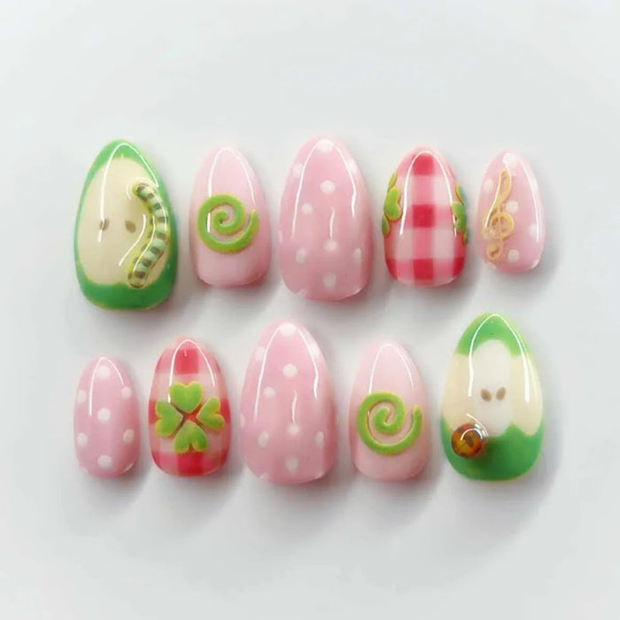 Pink Polka Dot and Gingham Press On Nails with Green Clover Details