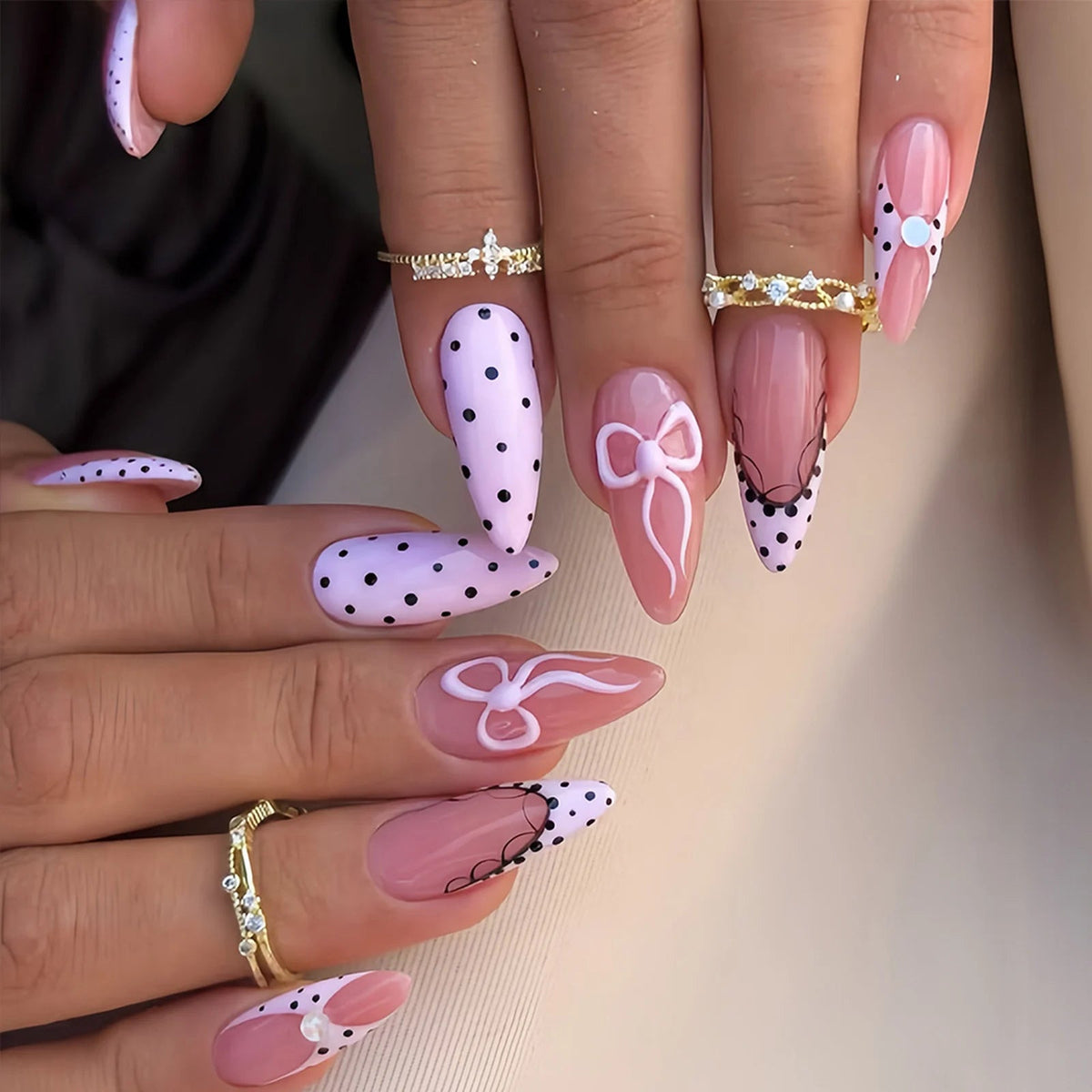 Pink Polka Dot and Lace Nails with Raised Bows