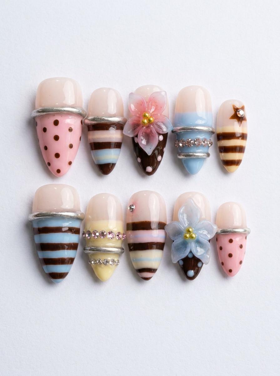 Pink Polka Dot and Striped 3D Flower Nail Set
