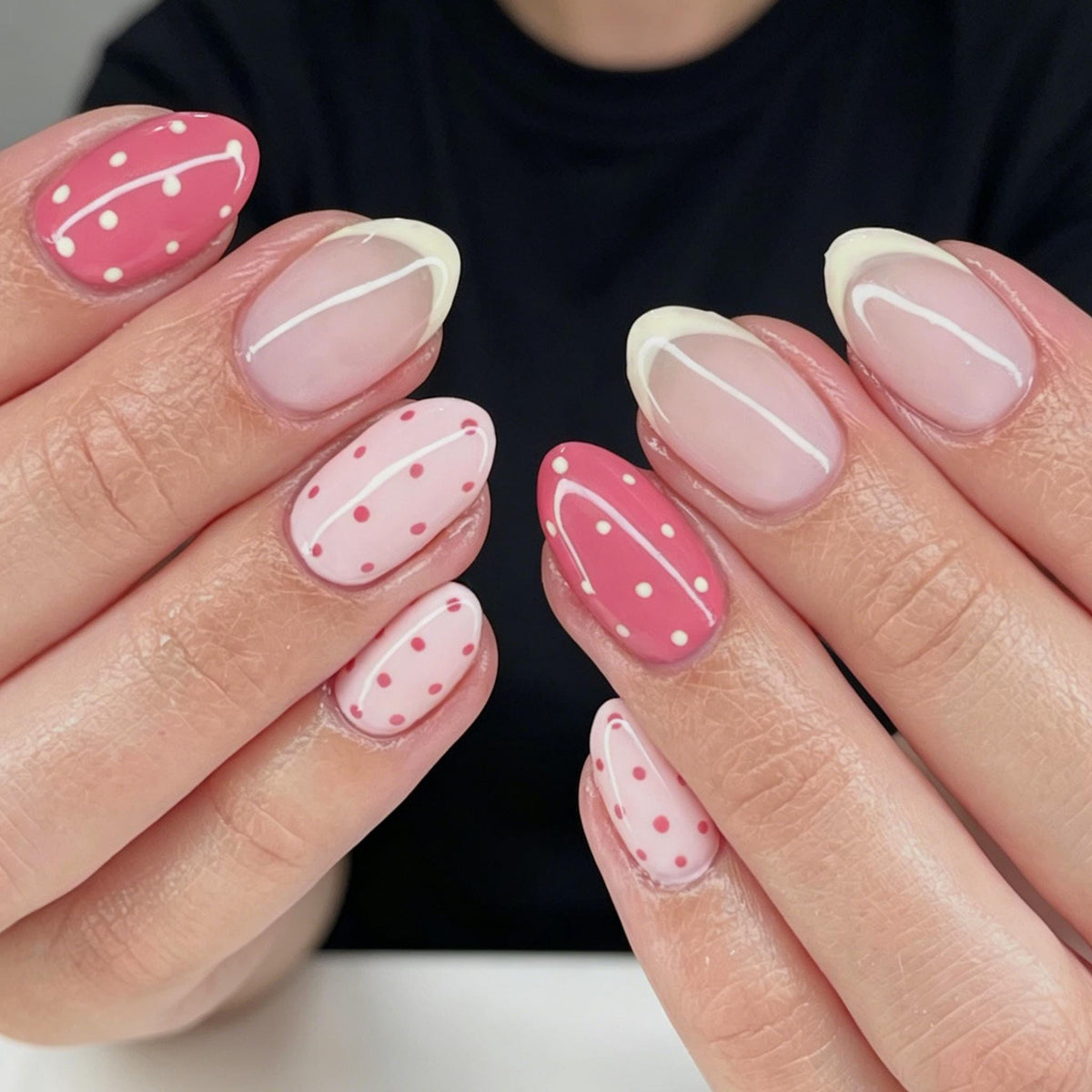 Pink Polka Dot French Tip Press On Nails With White Curved Lines