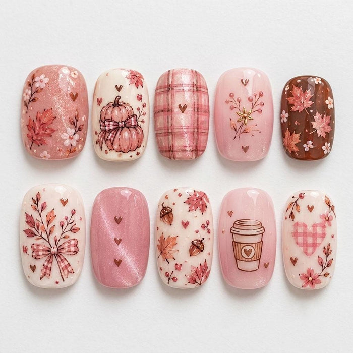 Pink Pumpkin, Coffee Cup & Plaid Fall Press On Nail Set