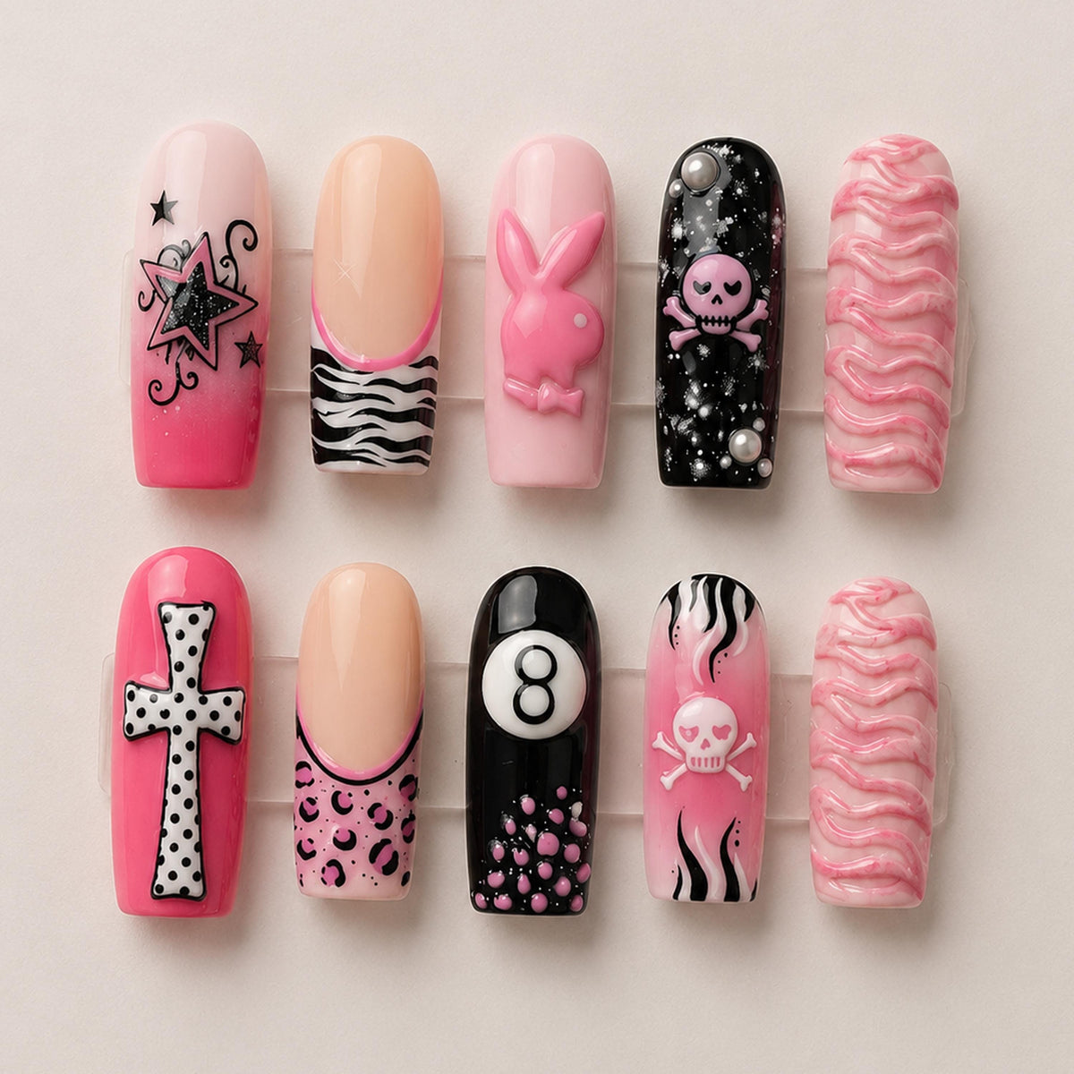 Pink Punk Y2K Nail Set With Raised Bunny, Skull, Zebra Stripes and 8-Ball