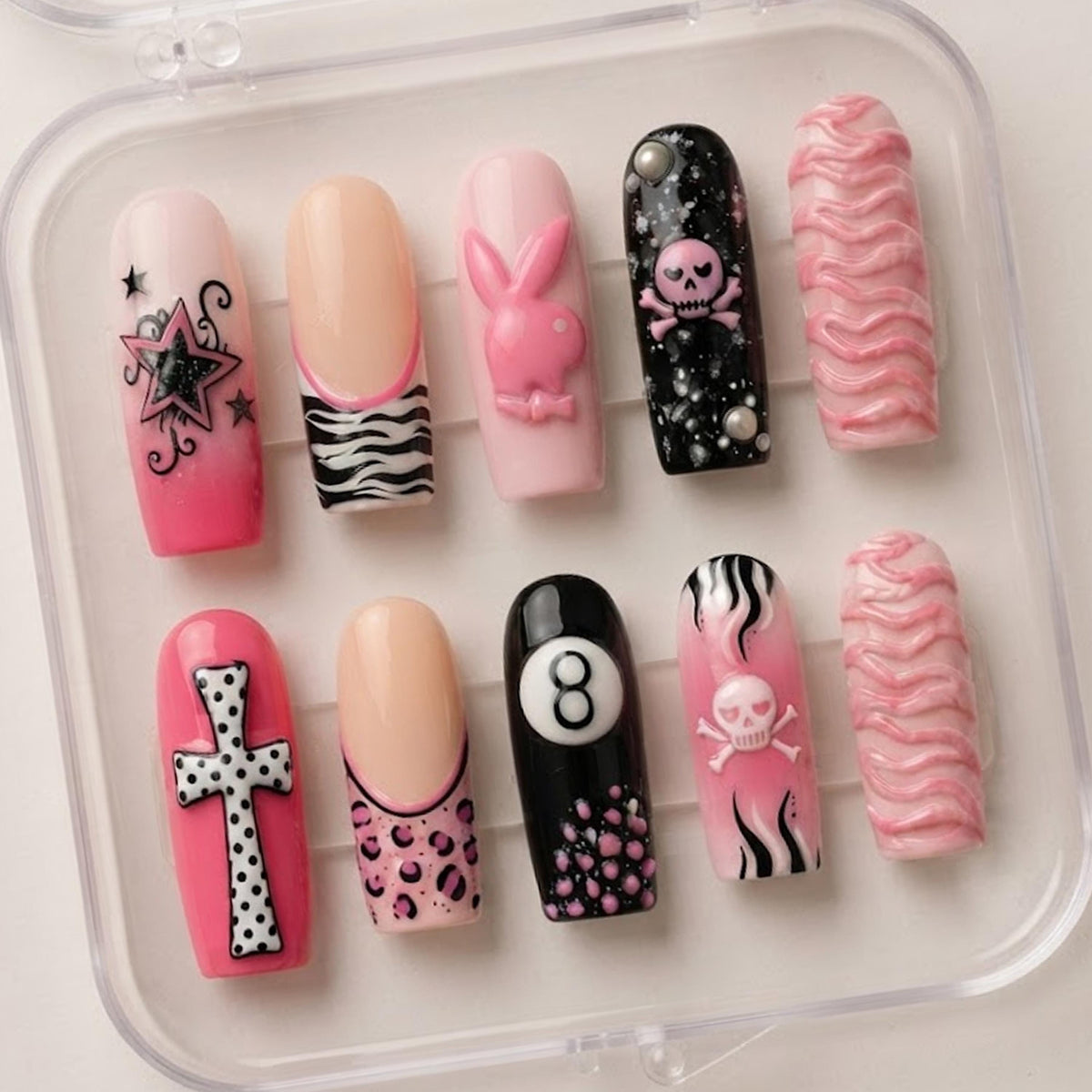 Pink Punk Y2K Nail Set With Raised Bunny, Skull, Zebra Stripes and 8-Ball