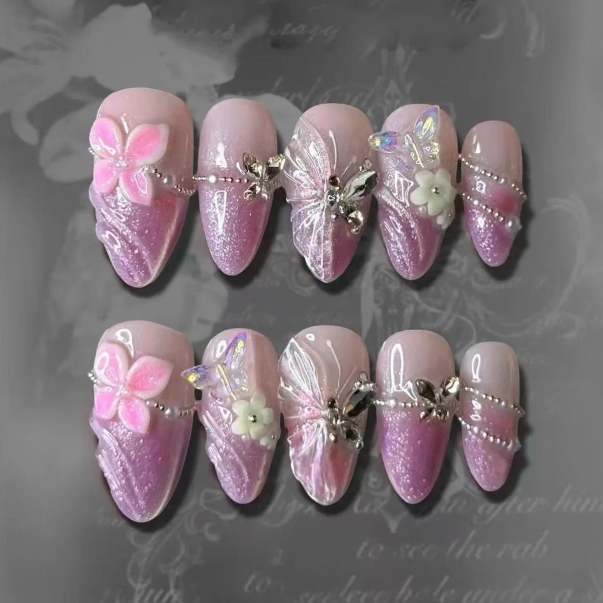 Pink Purple Shimmer Butterfly and Flower Press On Nails with Rhinestones