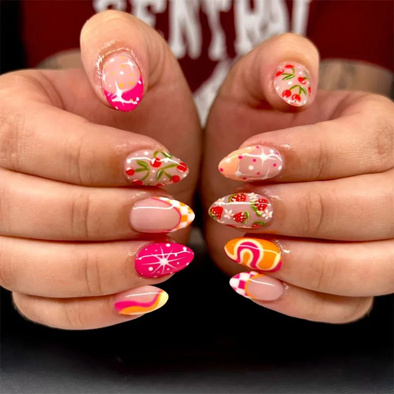 Pink Rainbow French Tip Nails With Cherry, Checkerboard and Doodle Details