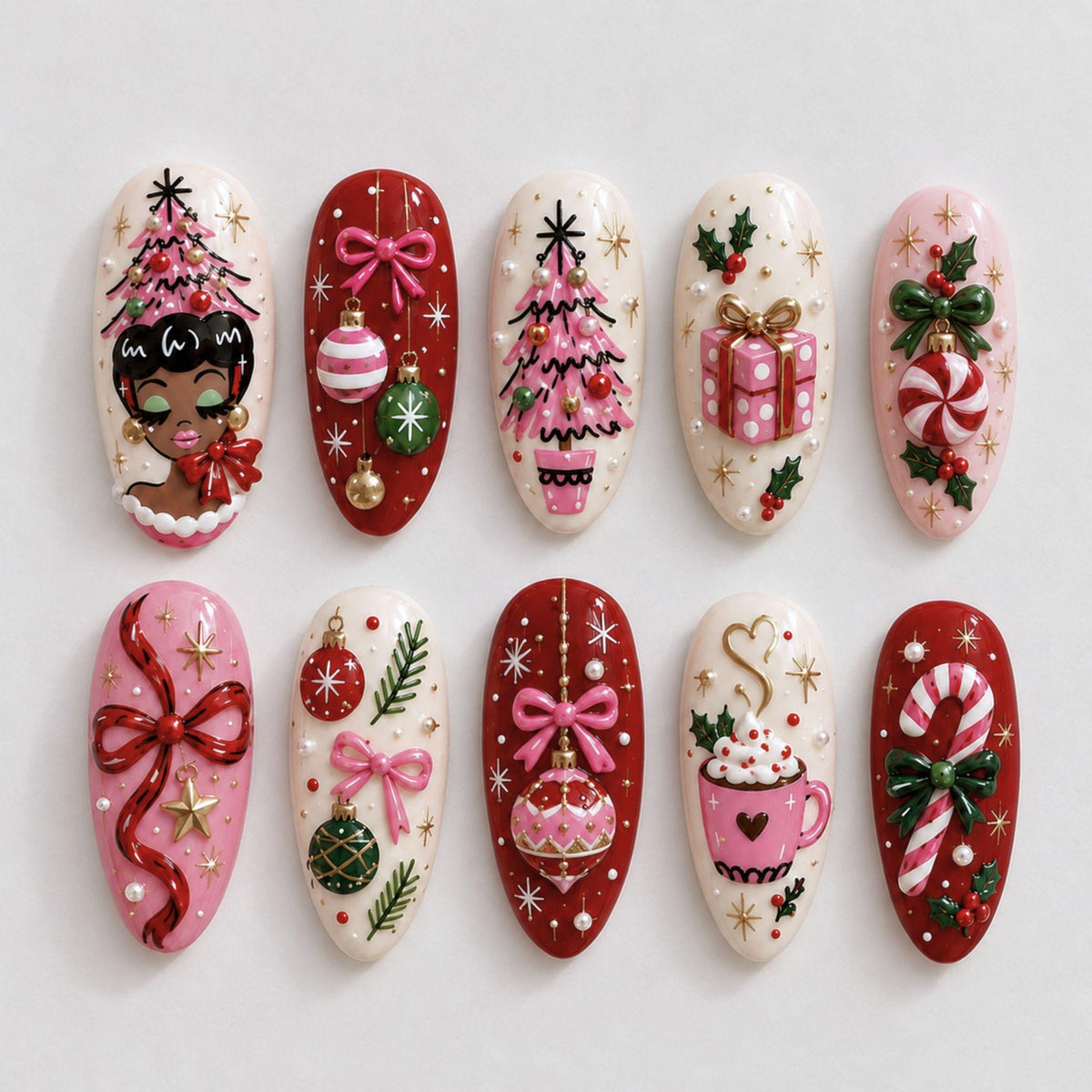 Pink, Red & Ivory Christmas Nail Set With Bows, Ornaments & Holiday Details