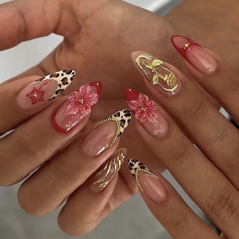 Pink Rose Gold Leopard Print and Floral Nail Set
