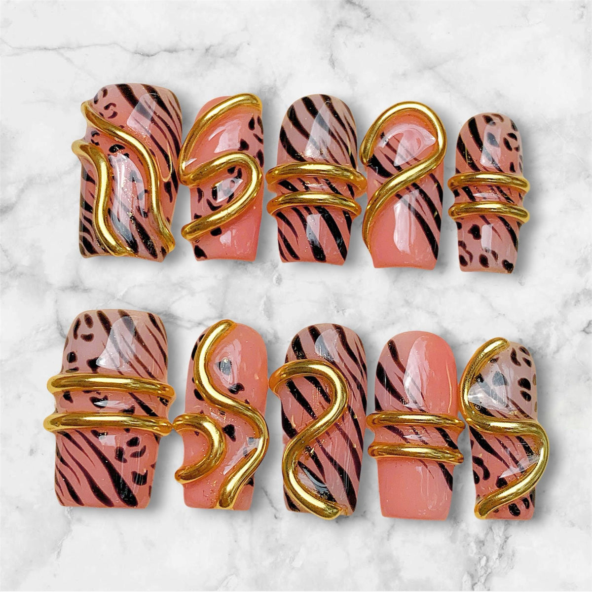 Pink Safari Animal Print Press-On Nails With Gold Chrome Details