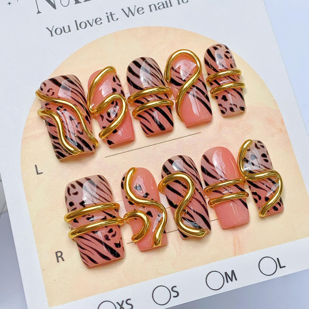 Pink Safari Animal Print Press-On Nails With Gold Chrome Details