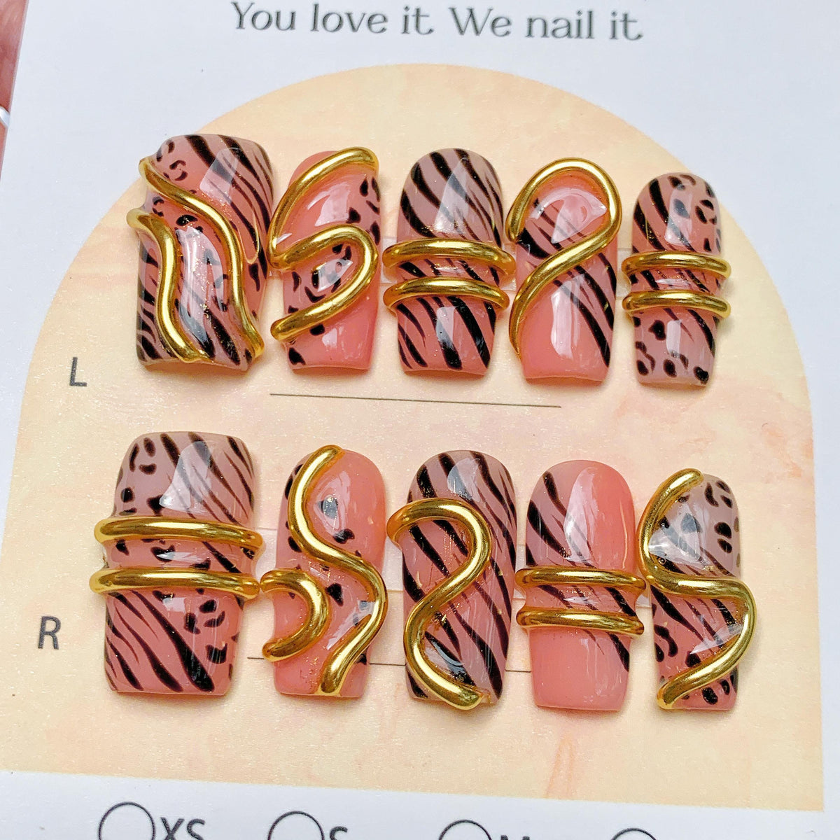 Pink Safari Animal Print Press-On Nails With Gold Chrome Details