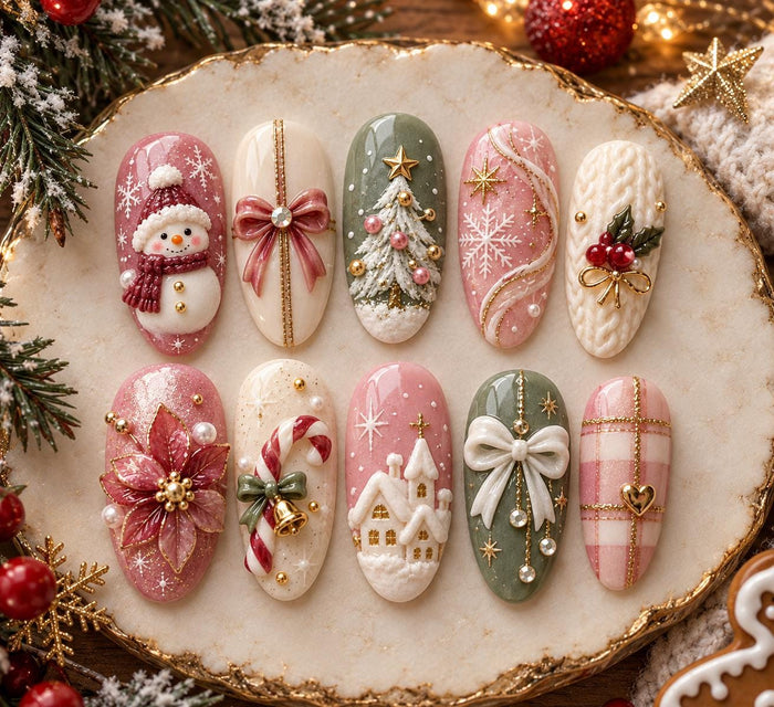 Pink, Sage Green and Ivory Christmas Press On Nails with 3D Bows, Snowflakes and Holiday Motifs