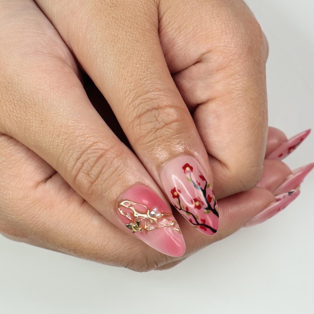 Pink Sakura Branch Press On Nails with Gold Floral Ornaments and Pearl Accents