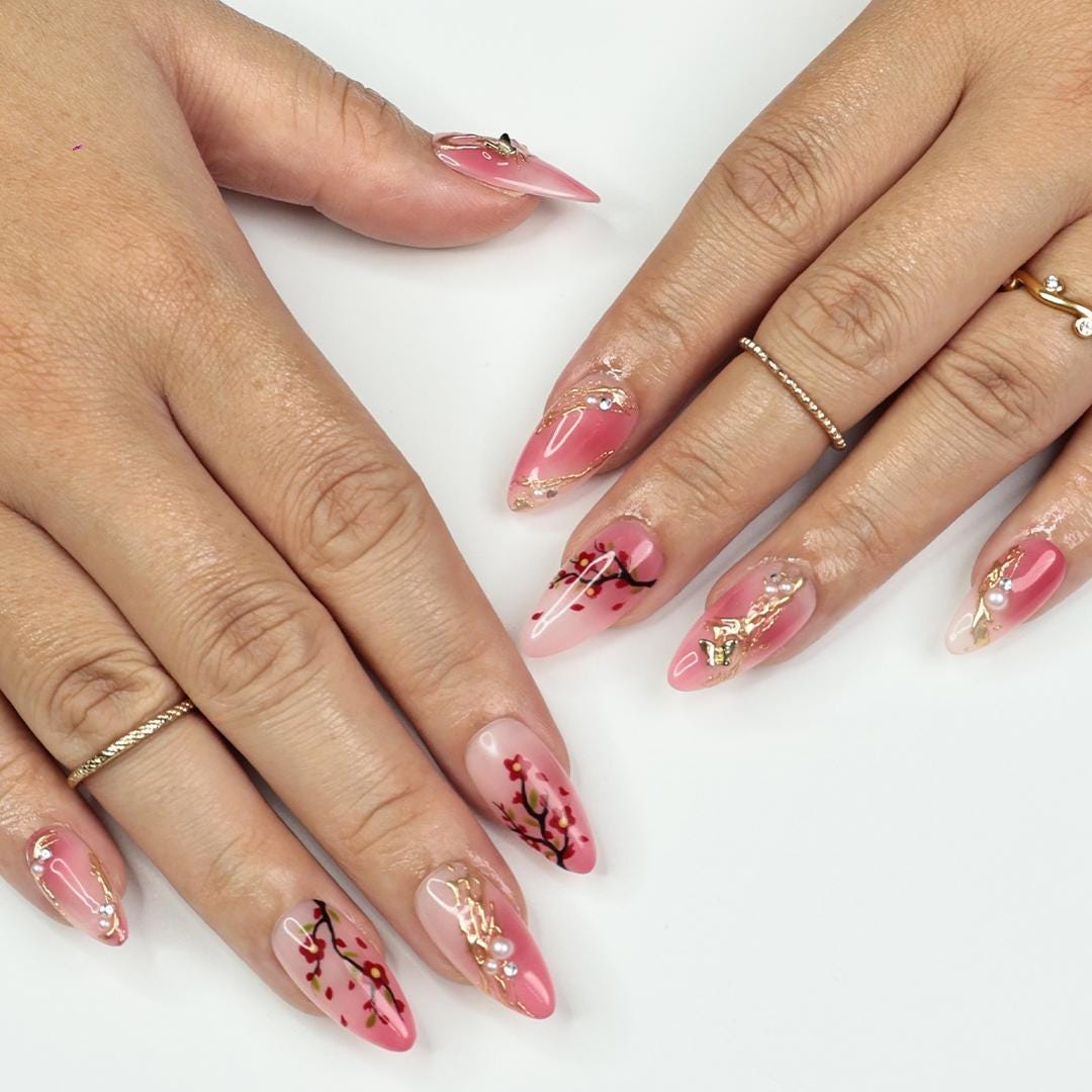 Pink Sakura Branch Press On Nails with Gold Floral Ornaments and Pearl Accents