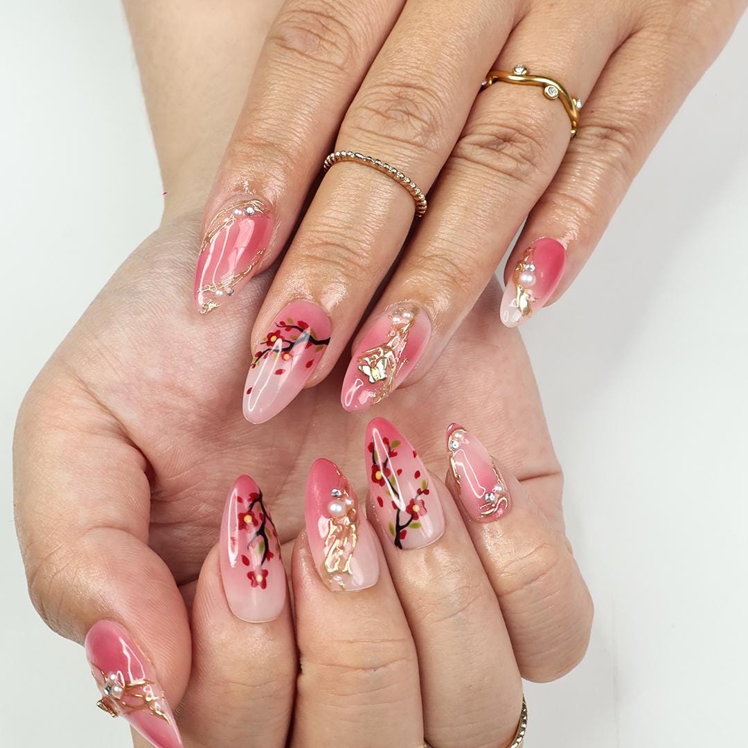 Pink Sakura Branch Press On Nails with Gold Floral Ornaments and Pearl Accents