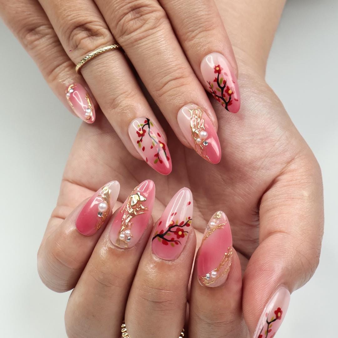 Pink Sakura Branch Press On Nails with Gold Floral Ornaments and Pearl Accents