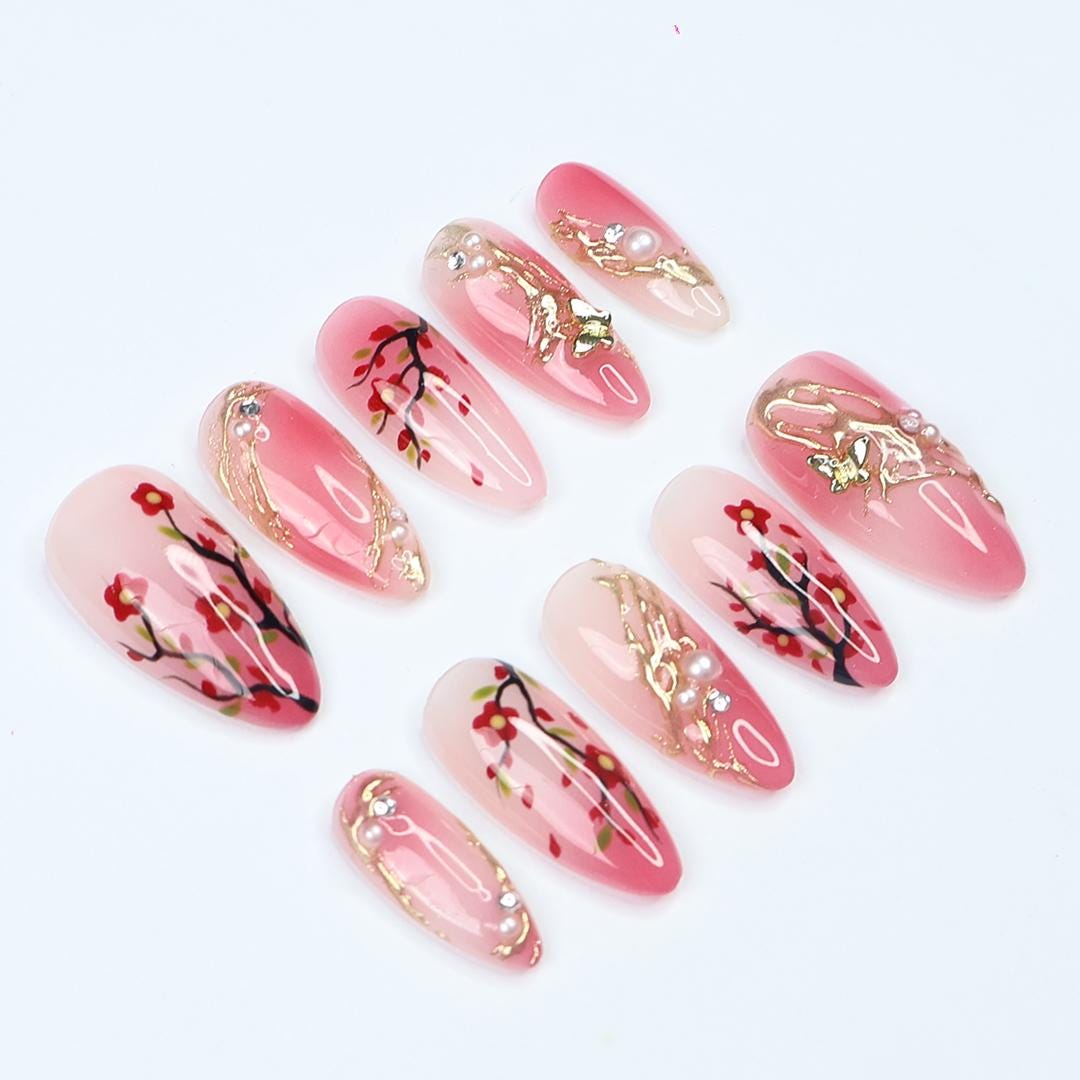 Pink Sakura Branch Press On Nails with Gold Floral Ornaments and Pearl Accents