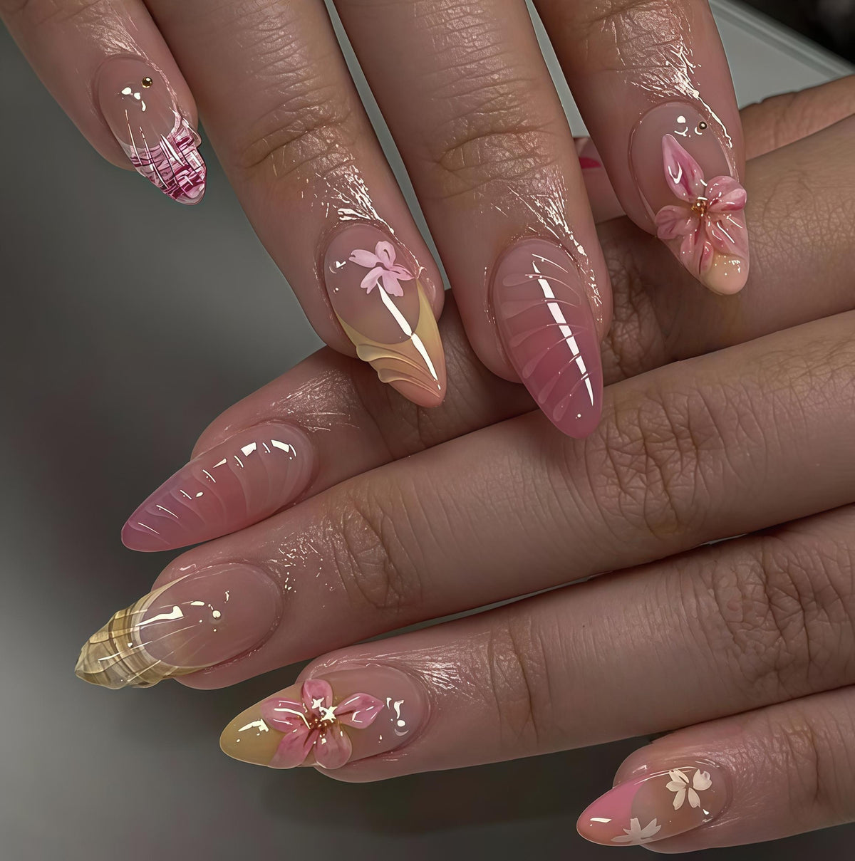 Pink Sakura Plaid French Tip Nails with 3D Flowers and Water Drop Details