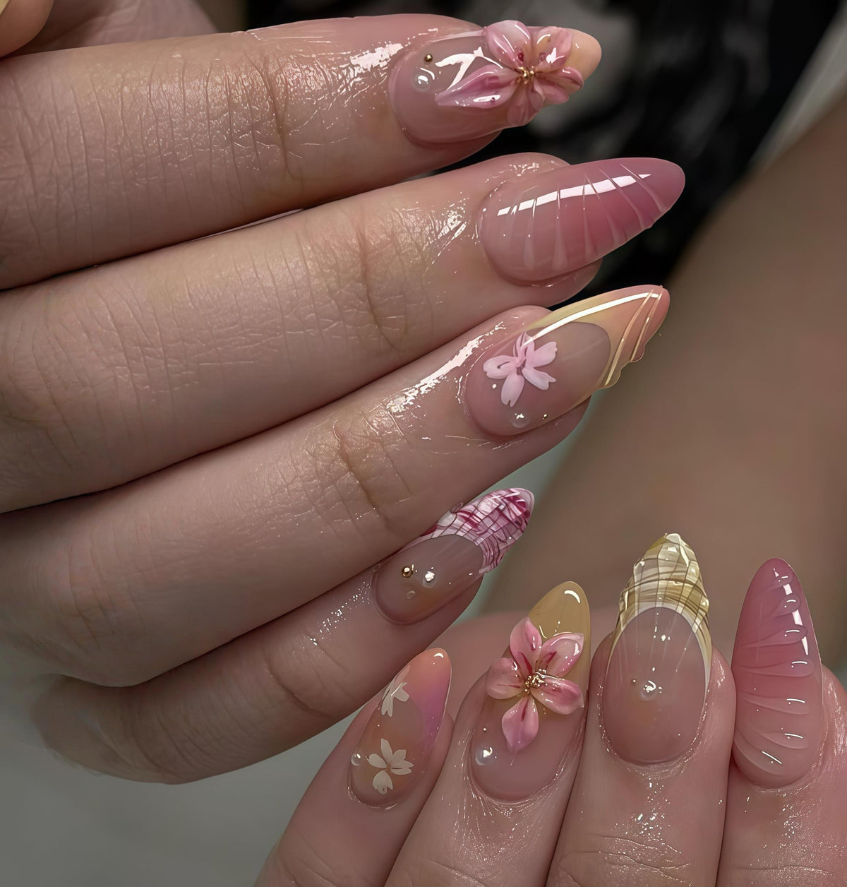Pink Sakura Plaid French Tip Nails with 3D Flowers and Water Drop Details