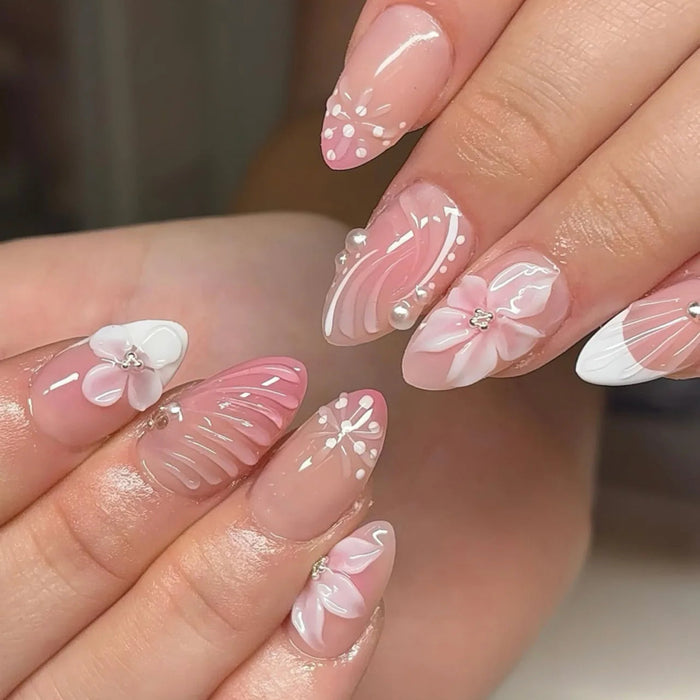 Pink Seashell Floral French Tip Press On Nails with Pearl Accents